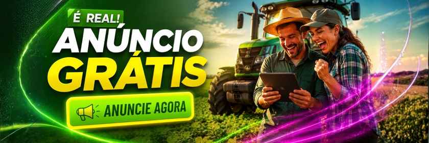 Banner promocional sobre anúncio grátis de máquinas agrícolas com casal de produtores rurais celebrando no campo.