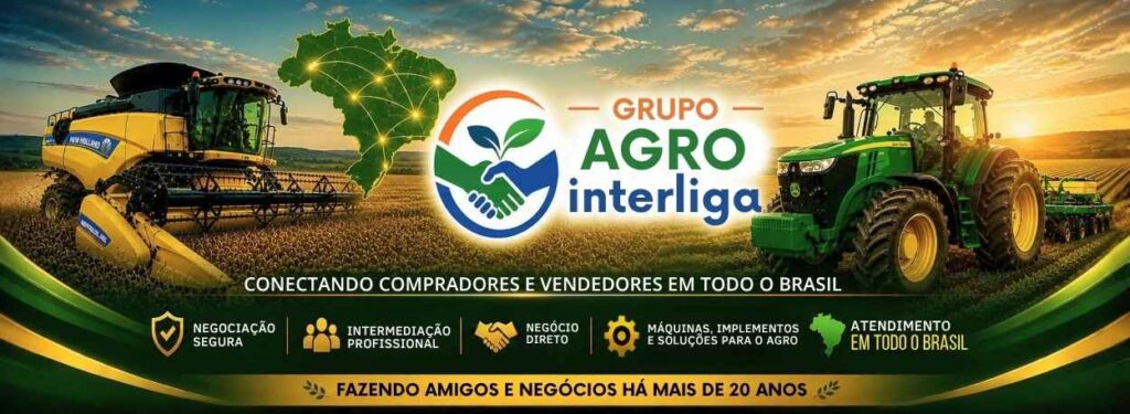 Banner oficial do Grupo Agro Interliga com colheitadeira, trator e o mapa do Brasil.